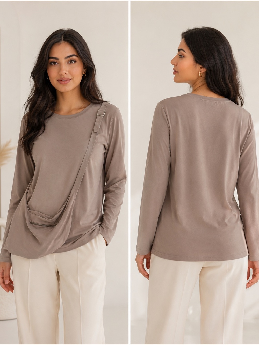 MIA Taupe Long-Sleeve Draped Front Top